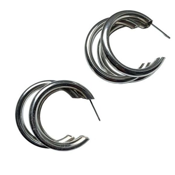 Men’s Hollow Triple Hoop Silver Tone Earrings Tri Hoop Earrings Unisex Women’s - Picture 1 of 9